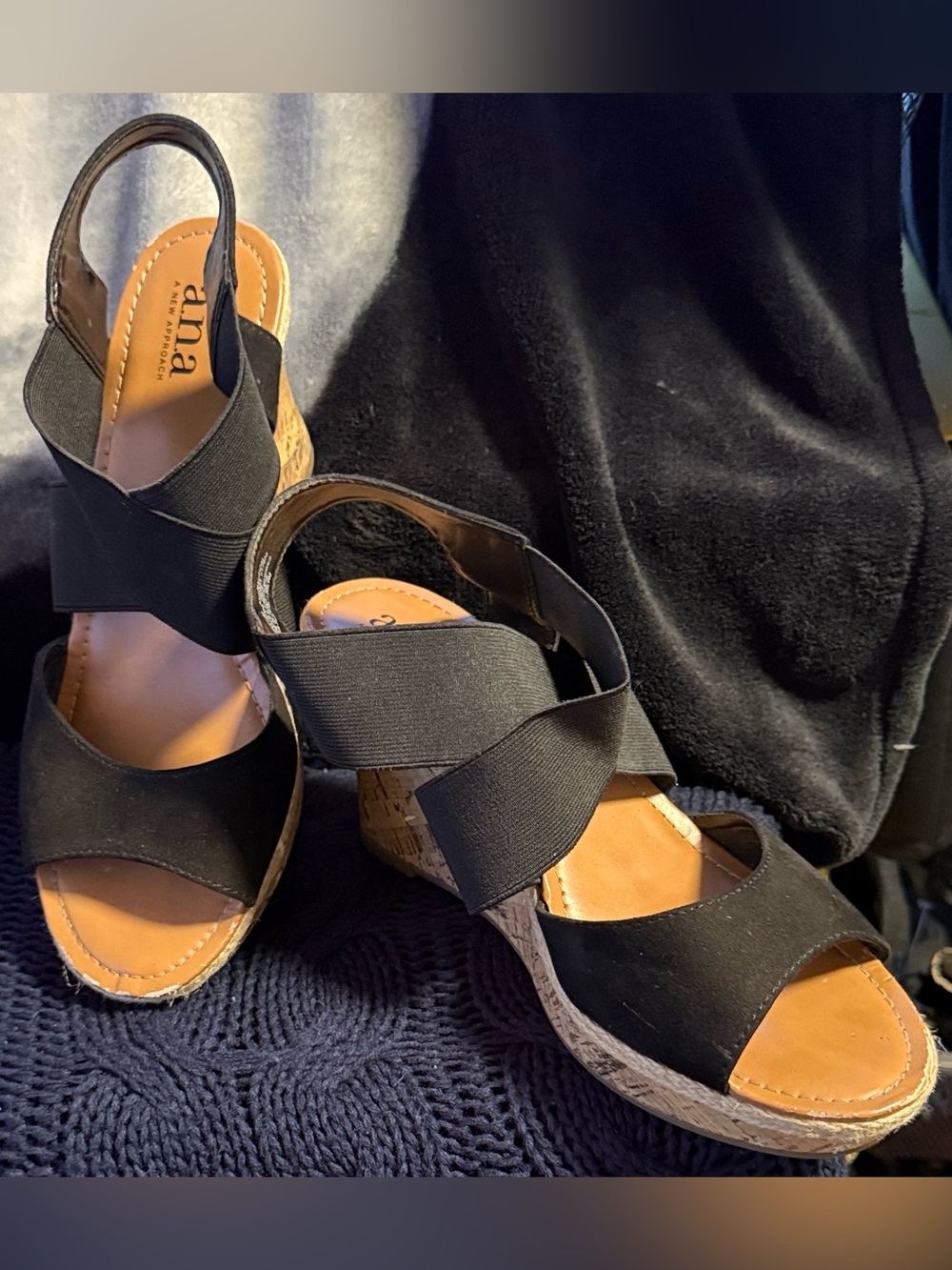 a.n.a Black and Tan Wedge Sandals with imperfections from loving to wear them